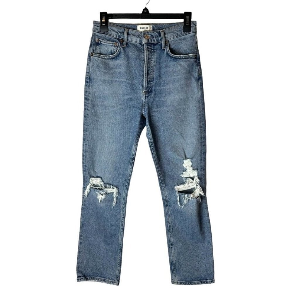 Agolde Jeans Women 26 Blue Riley Distressed Straight Cropped Button Fly - Picture 2 of 11